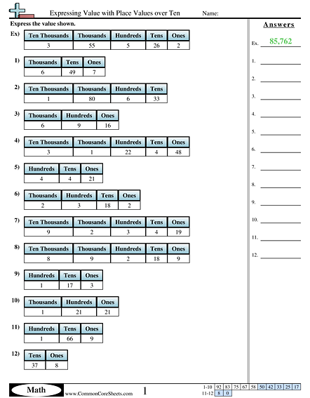 Value & Place Value Worksheets - Expressing Value with Place Values over Ten worksheet